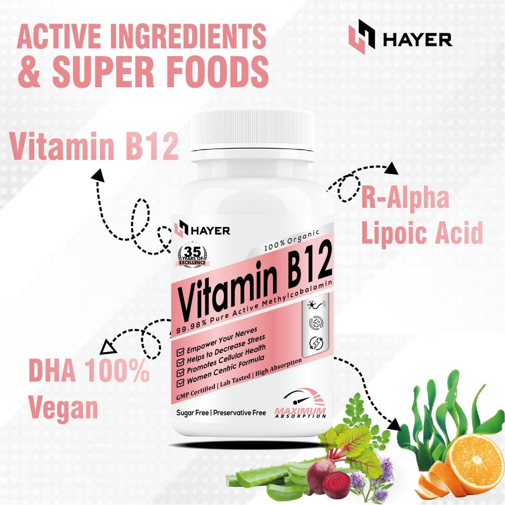 HAYER Vitamin B12 Supplements For Women, Methylcobalamin Vit b 12 green food powder, Plant based vitamin D3 & B1, Moringa, helps to good health & joint support supplement-60 Energy Tablets(Pack1)