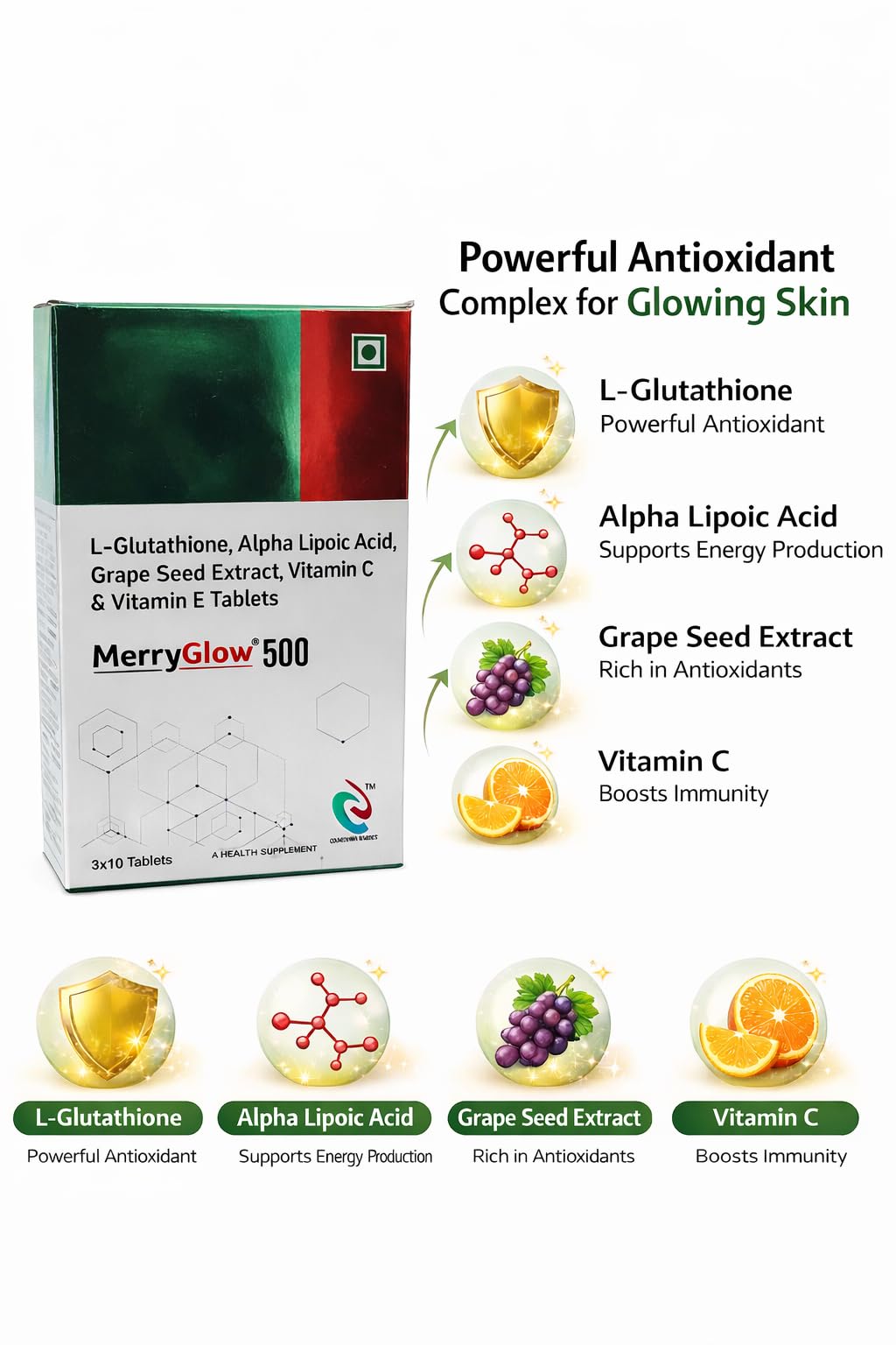 MerryGlow 500 Tablets with L-Glutathione, Alpha Lipoic Acid, Grape Seed Extract, Vitamin C & Vitamin E, 30 Tablets