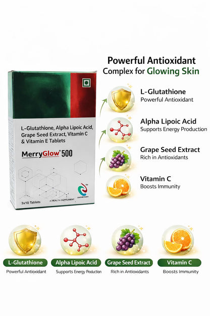 MerryGlow 500 Tablets with L-Glutathione, Alpha Lipoic Acid, Grape Seed Extract, Vitamin C & Vitamin E, 30 Tablets