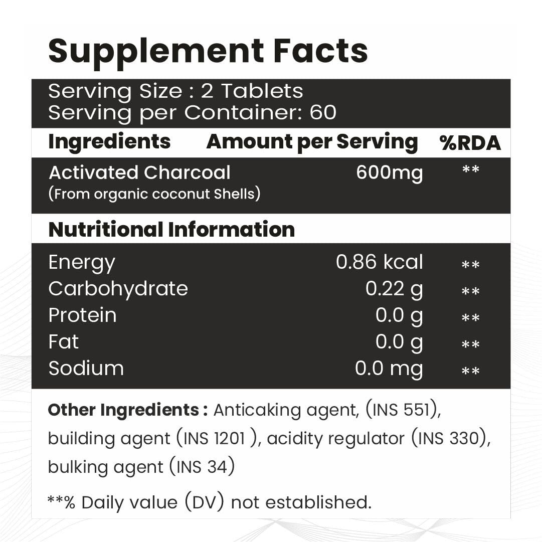 Raskam Activated Charcoal 600mg – Natural Detox & Digestive Cleanser | Supports Bloating Relief & Gas | 120 Vegan Tablets
