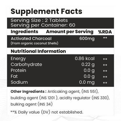 Raskam Activated Charcoal 600mg – Natural Detox & Digestive Cleanser | Supports Bloating Relief & Gas | 120 Vegan Tablets