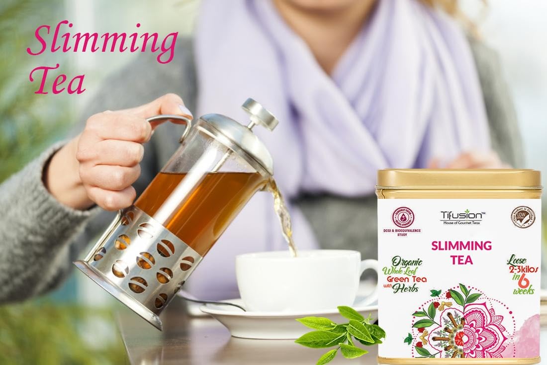 Tifusion Slimming Healthy Green Tea for with Garcinia, Cinnamon, Ginger, Ashwagandha, Tulsi | Natural Herbal Whole Loose Leaf With Herbs| 100 Gms 50 Serving Cups