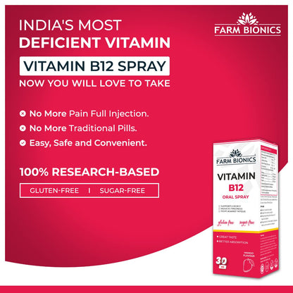 FARM BIONICS Vitamin B12 Oral Spray, 30Ml | 100% Vegetarian | Sugar Free | Gluten Free | Immunity Booster Spray For Men & Women | Pocket Friendly (Mango), Drop, Pack Of 1