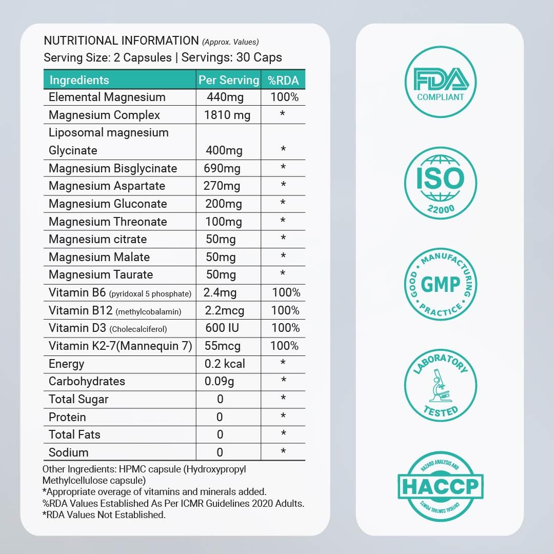 Mag8X Magnesium Glycinate 2000mg | 8 in 1 High Absorption | B6 B12 D3 & K2 | 440mg Elemental | Zero Oxide | Liposomal Bisglycinate & L-Threonate | Sleep Brain & Muscle Cramps | 30 Capsules