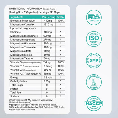 Mag8X Magnesium Glycinate 2000mg | 8 in 1 High Absorption | B6 B12 D3 & K2 | 440mg Elemental | Zero Oxide | Liposomal Bisglycinate & L-Threonate | Sleep Brain & Muscle Cramps | 30 Capsules