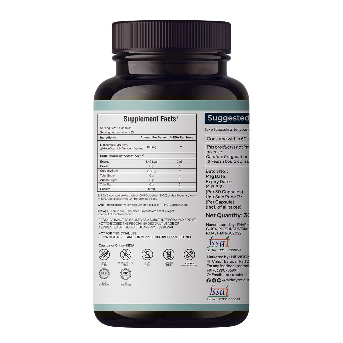 Miduty Liposomal NMN 85% Highly Stable 400 mg Supplement | Nicotinamide Mononucleotide for Anti-Aging, NAD+ Support & Cellular Health | NMN Capsules with Resveratrol | 30 Capsules