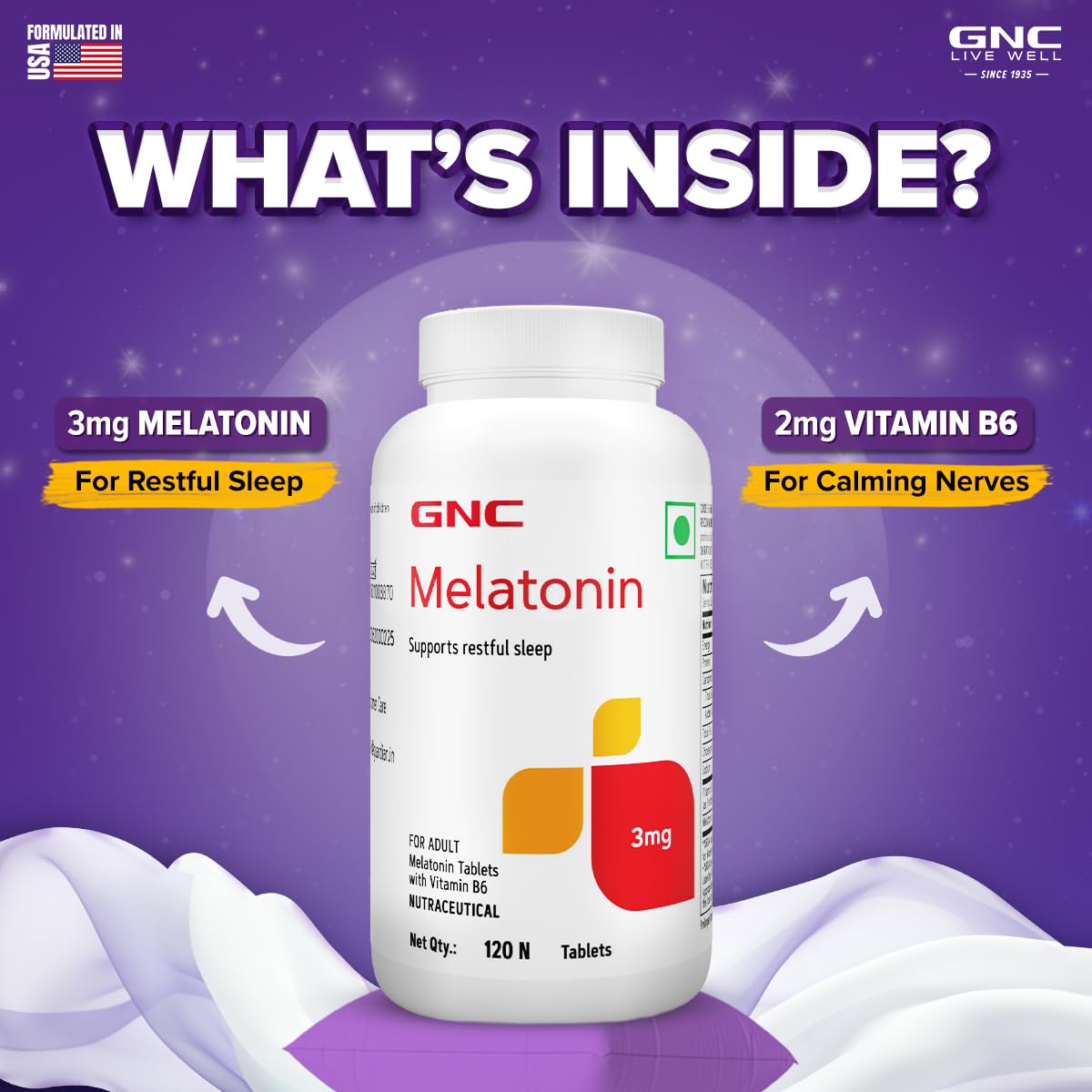 GNC Melatonin Tablets With Vitamin B6 | 120 Tablets | Promotes Deep Sleep | Enhances Sleep Quality | Improves Mood | Helps in Relaxation | Formulated in USA | 3mg Per Serving