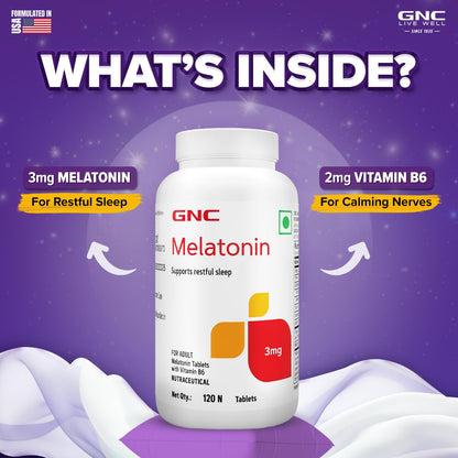 GNC Melatonin Tablets With Vitamin B6 | 120 Tablets | Promotes Deep Sleep | Enhances Sleep Quality | Improves Mood | Helps in Relaxation | Formulated in USA | 3mg Per Serving