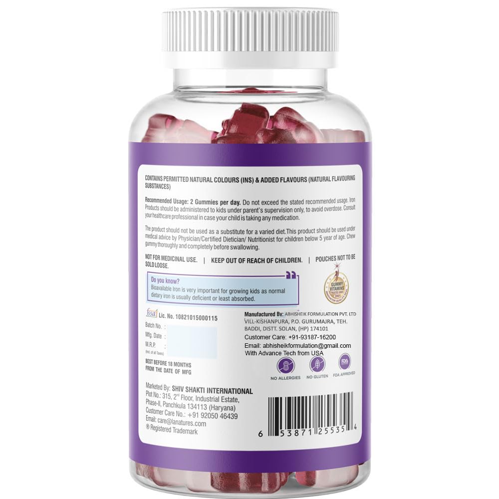 La Nature's Iron Gummies For Kids And Adult s Superfood To Prevent Fatigue And Boost Energy Maintain Hameglobin Level Supports Immune System Strawberry Flavour (60 Gummies)
