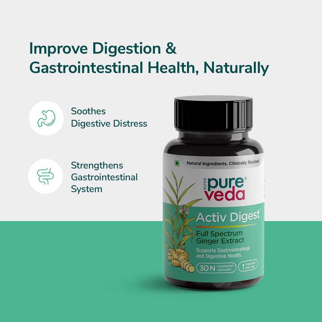 Pureveda Activ Digest - Full Spectrum Ginger Extract Capsule - Natural Digestion Supplement - Improve Gastrointestinal Health - 30 Veg Capsules