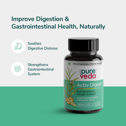 Pureveda Activ Digest - Full Spectrum Ginger Extract Capsule - Natural Digestion Supplement - Improve Gastrointestinal Health - 30 Veg Capsules