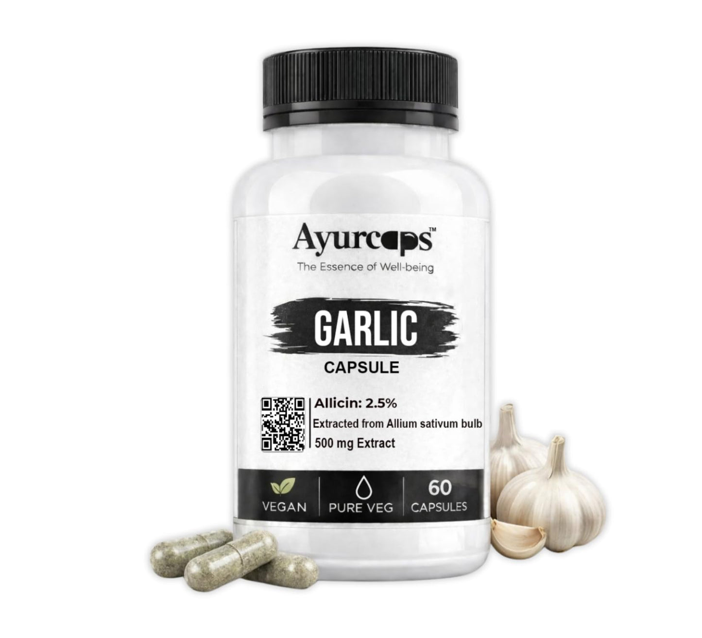 Ayurcaps Garlic 500mg 60 Veg Capsules | Odor Control Herbal Supplement | Supports Heart Health And Healthy Cholesterol Levels | Immune And Antioxidant Support | Vegan, Gluten-free (Pack of 1)