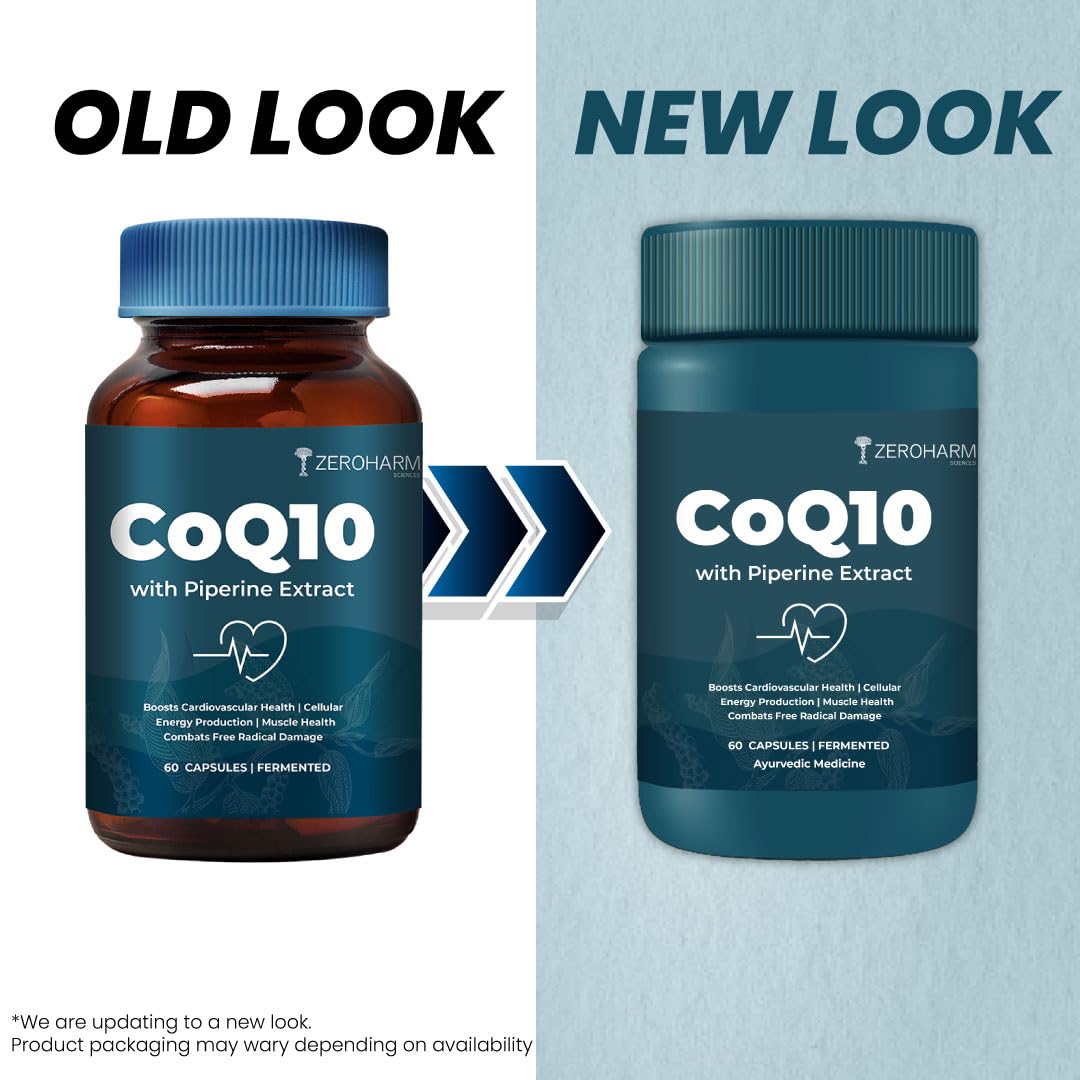 ZEROHARM CoQ10 250 mg with Piperine & Grape Seed Extract - High Absorption-Fermented Coenzyme Q10 Supplement- Antioxidant Support For Men & Women - 60 Veg Capsules