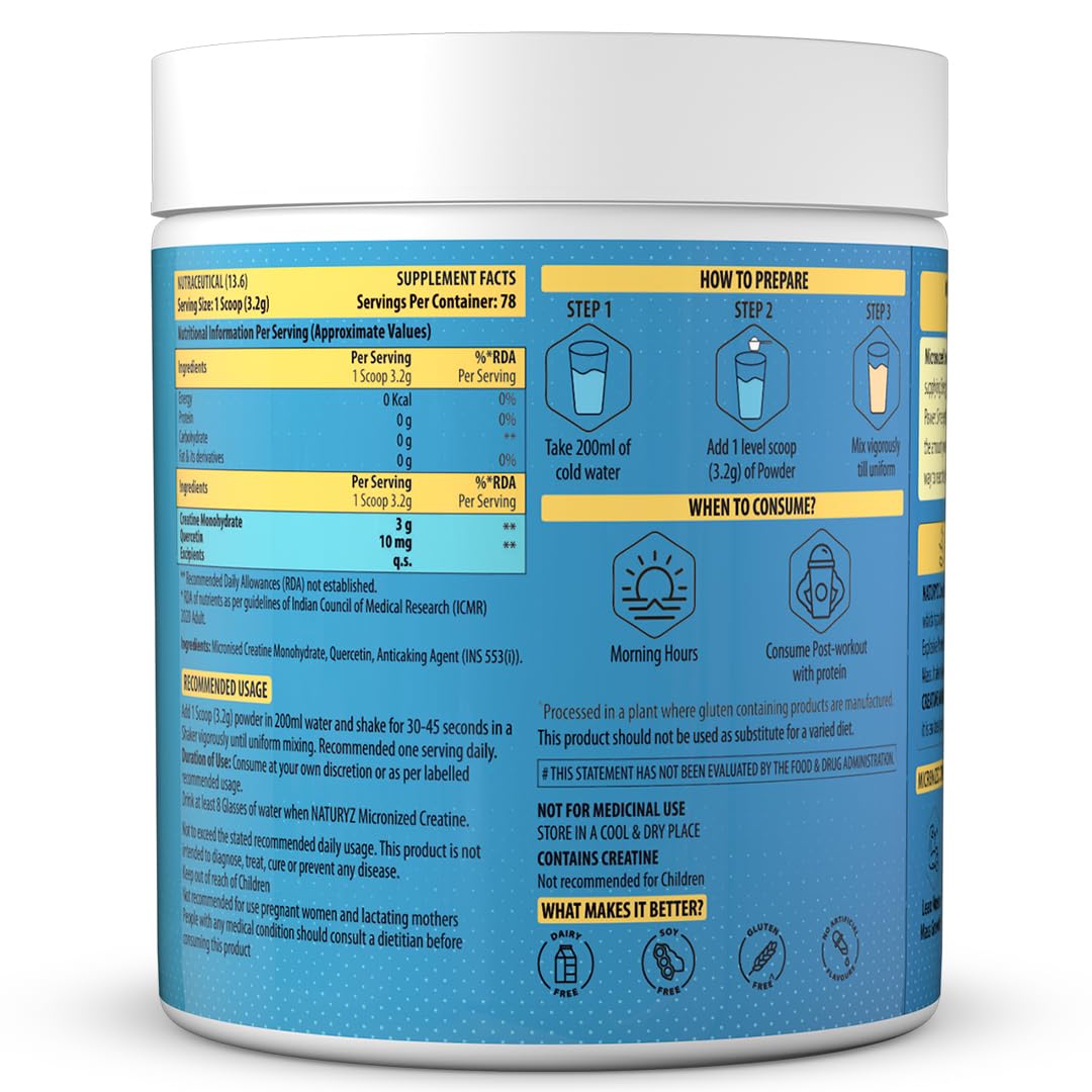 NATURYZ Pure Micronized Creatine Monohydrate | Rapid Absorption | Quercetin | Muscle Strength & Power for Intense Workout | Supports Athletic Performance | Enhances Lean Muscle Volume - 250g(Unflavoured)