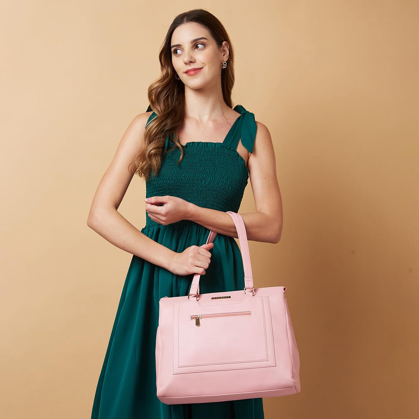 Caprese Ginty Satchel Bag, Medium | Stylish Solid Handbag for Women with Comfortable Flat Handles, Adjustable & Detachable Sling Strap | Secure Zip Closure | Perfect for Casual & Daily Use (Pink)