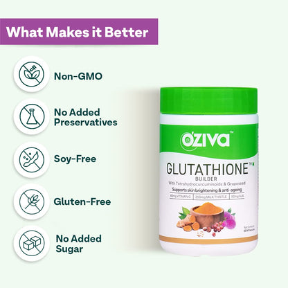 OZiva Plant Based Glutathione Builder | Glutathione Tablets for Skin Glow & Anti-Ageing | Sugar free, Antioxidant Glutathione supplements with Grapeseed, Vitamins C & E, Selenium, 60 Veg Capsules