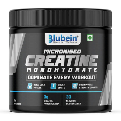 Blubein Micronised Creatine Monohydrate for Men & Women | Supports Lean Muscle Growth, Faster Recovery & Cognition | Unflavoured | 100g, Pack of 1