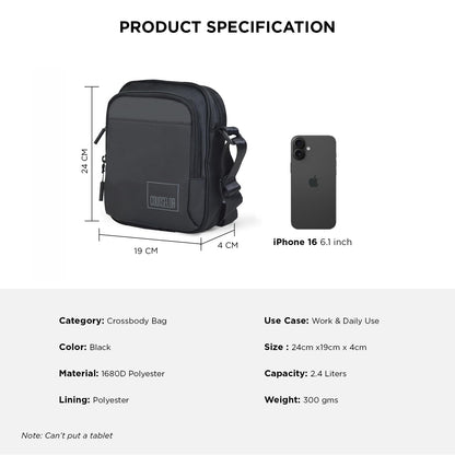 COUNSELOR Sling Bag for Men and Women, Polyester Crossbody Bag, Adjustable Strap, Zipper Closure, Multiple Compartments, Lightweight Stylish Mini Side Bag for Daily Use, Travel LUNO (Black)