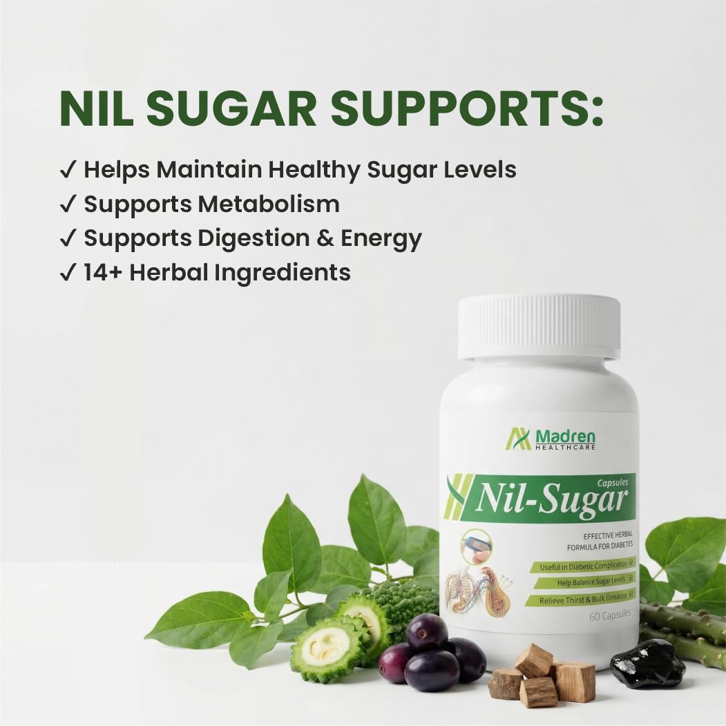 Madren Healthcare Nil Sugar (60 Capsules) Effective Herbal Formulation | Helps Maintain Sugar Levels | yurvedic Herbal Formula with Karela, Jamun, Vijayasar, Neem & Shilajit | Supports Healthy Glucose Metabolism & Energy