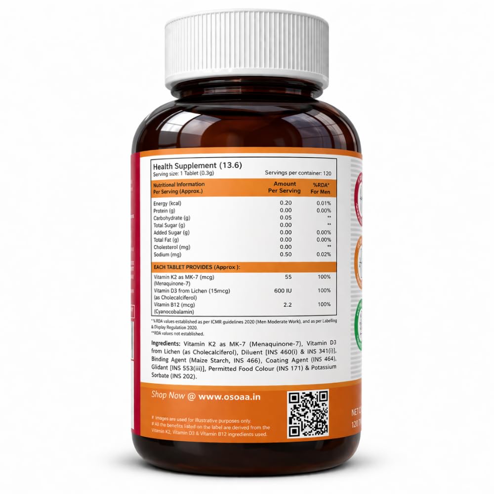 OSOAA Vitamin D3 K2 MK7 Supplement - 60 Tablets | Vitamin D3 (600 IU) | Promotes Calcium Absorption, Bone Health, Muscle Strength & Immunity | Plant Based- Lichen Source