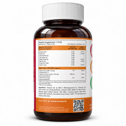 OSOAA Vitamin D3 K2 MK7 Supplement - 60 Tablets | Vitamin D3 (600 IU) | Promotes Calcium Absorption, Bone Health, Muscle Strength & Immunity | Plant Based- Lichen Source
