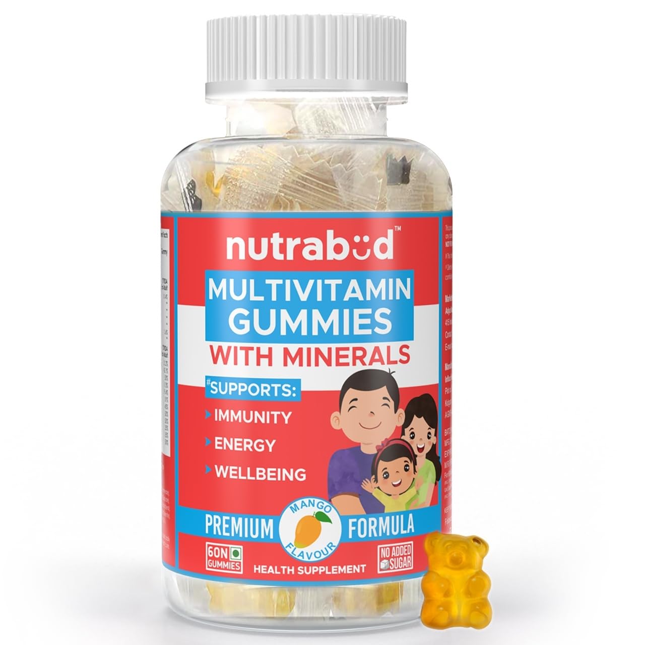 Nutrabud Multivitamin Gummies for Kids, Men, Women, Adults | No Added Sugar | For- Healthy Growth, Immunity & Energy | Mango Flavor Veg Gummy Bears Supplement - 60 Count (Pack Of 1)