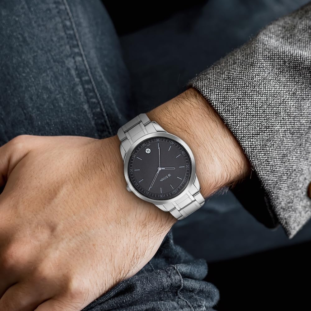 Titan Minimalist Quartz Analog With Date Anthracite Dial Silver Metal Strap Watch for Men - NP1806SM02