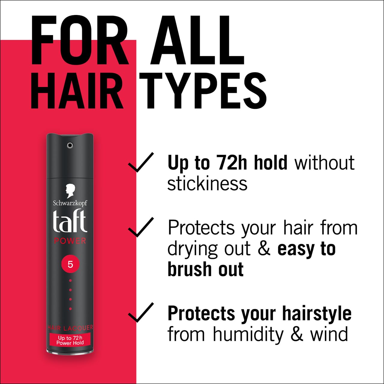 Schwarzkopf Taft Power Hair Lacquer, Caffeine Power Formula for 72 hour hold, Hold 5 with no stickiness