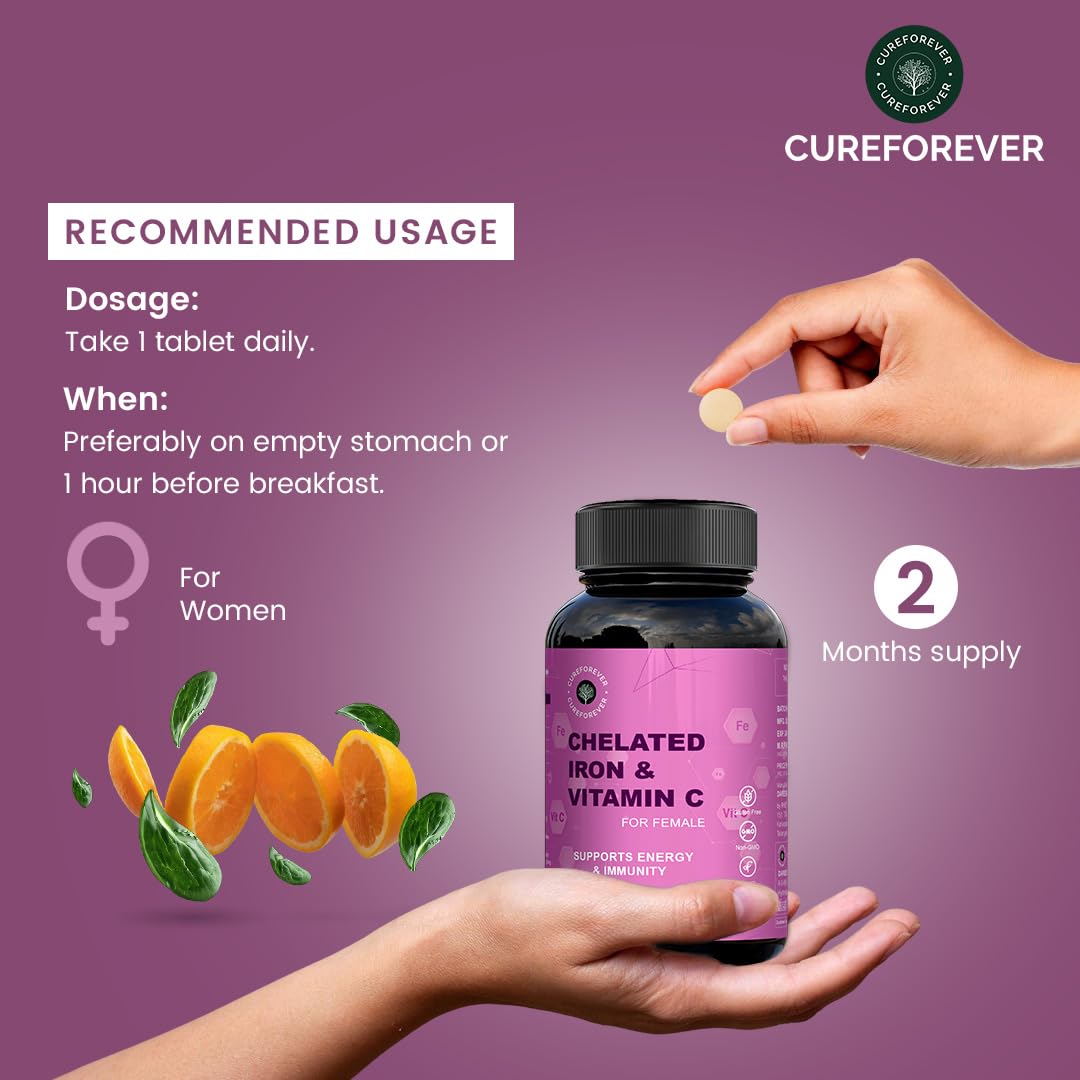 CUREFOREVER Iron Tablets for Women with Vitamin C – High Absorption Chelated Iron Supplement for Hemoglobin, Anemia, Energy & Fatigue Support – 60 Veg Tablets