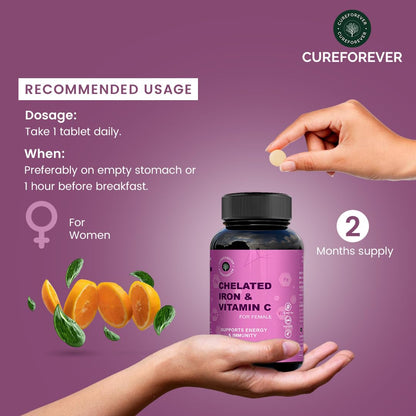 CUREFOREVER Iron Tablets for Women with Vitamin C – High Absorption Chelated Iron Supplement for Hemoglobin, Anemia, Energy & Fatigue Support – 60 Veg Tablets