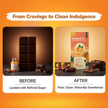 NoirDate Orange Dark Chocolate - 75g, Bean to Bar, Sweetened with Dates, Refined Sugar Free, Clean Label, Healthy & Tasty Indulgence, Vegan, Gluten-Free, Antioxidant Rich (Pack of 1)