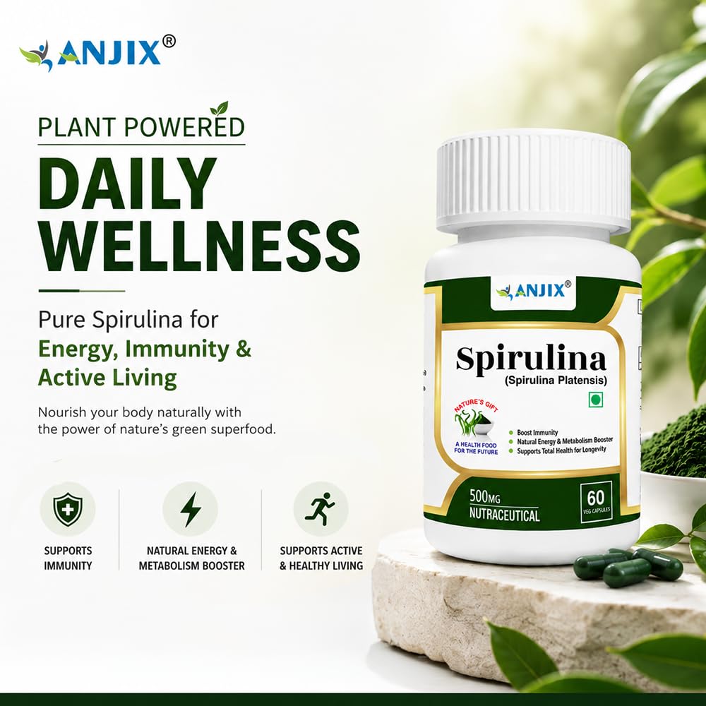 ANJIX Spirulina 500 mg Veg Capsules | Plant Based Superfood Supplement for Energy Immunity & Daily Wellness | 60 Capsules