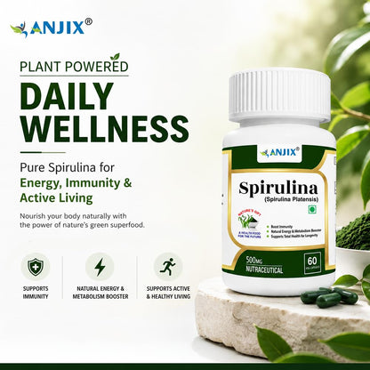 ANJIX Spirulina 500 mg Veg Capsules | Plant Based Superfood Supplement for Energy Immunity & Daily Wellness | 60 Capsules
