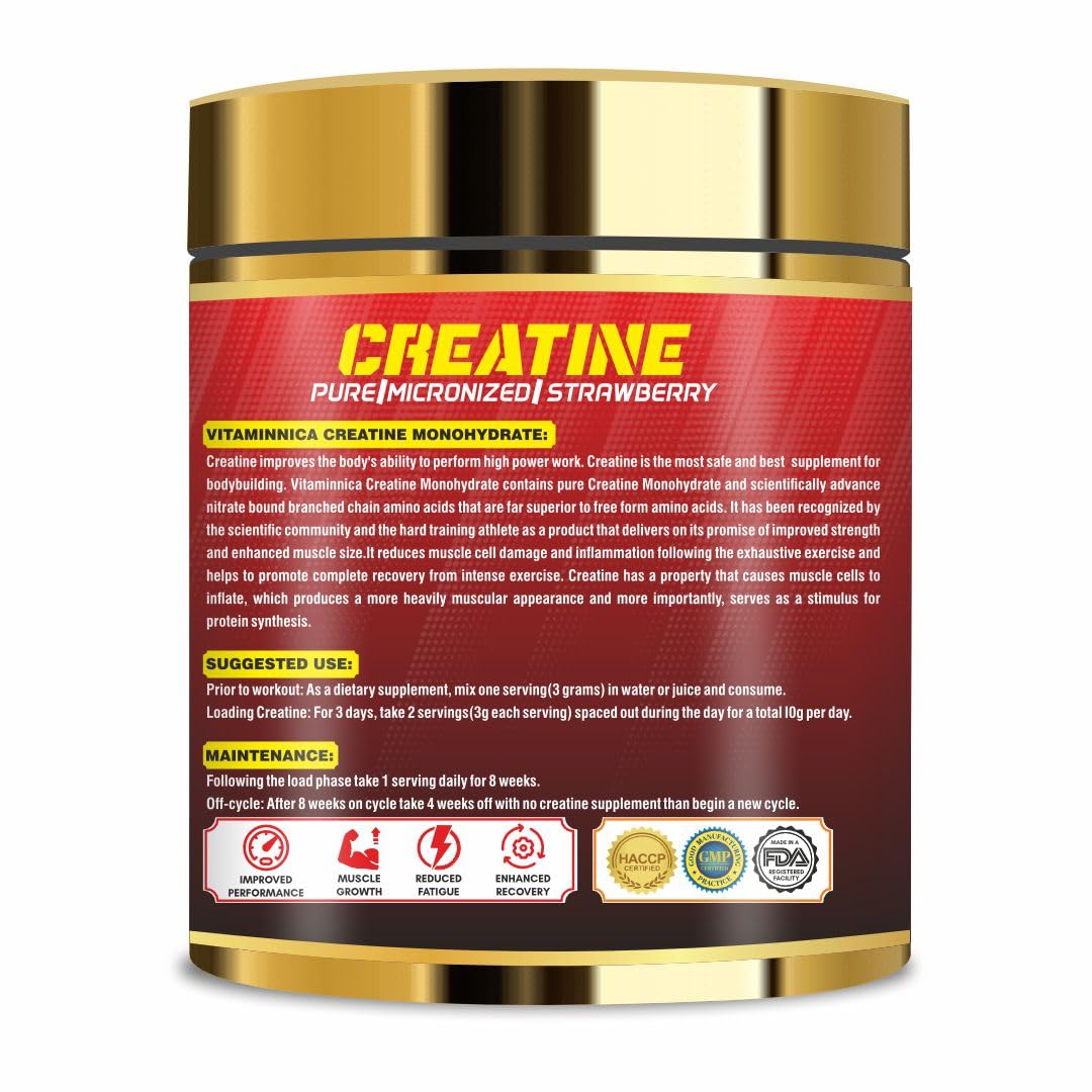 Vitaminnica Micronized Creatine Powder- 100 Servings - 300g |100% Pure Creatine Monohydrate Powder for Performance and Muscle Power (100 Servings, Strawberry)