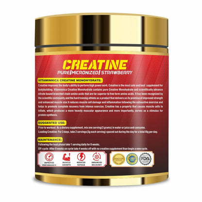 Vitaminnica Micronized Creatine Powder- 100 Servings - 300g |100% Pure Creatine Monohydrate Powder for Performance and Muscle Power (100 Servings, Strawberry)