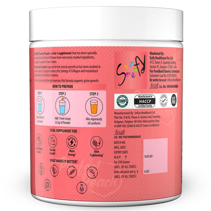 NATURYZ Perfect Peach 4-in-1 GLUTE BUILDER | Micronized Creatine Monohydrate for Women | Booty Gain Collagen | Vegan BCAA 2:1:1 | Electrolytes | Increase Lean Muscle Mass Gain – 250g (Peach Flavour)