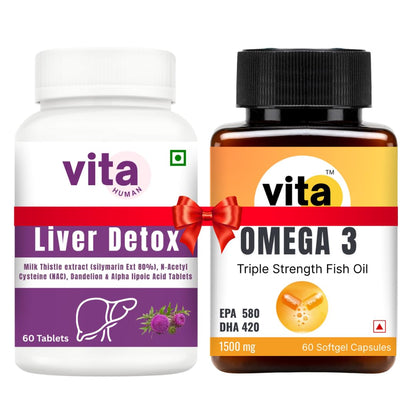 Vitahuman Liver Detox & Omega-3 Combo – Milk Thistle (80% Silymarin), NAC & Dandelion with Triple Strength Fish Oil (EPA 580mg + DHA 420mg) for Liver & Heart Support