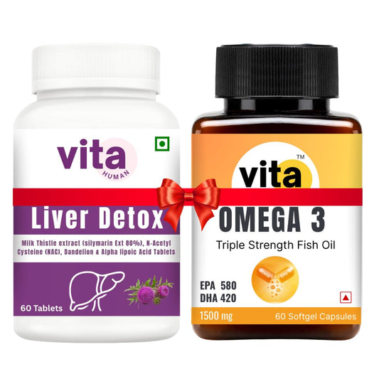 Vitahuman Liver Detox & Omega-3 Combo – Milk Thistle (80% Silymarin), NAC & Dandelion with Triple Strength Fish Oil (EPA 580mg + DHA 420mg) for Liver & Heart Support