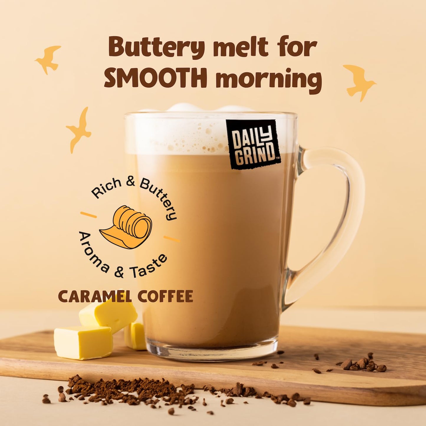 DAILYGRIND Caramel Flavoured Instant Coffee Powder 50g | Freeze-Dried Pure Arabica Coffee Granules | For Mochas, Espresso, Cappuccino, Latte, Frappes | Medium Roast Hot & Cold Coffee (25 Cups)