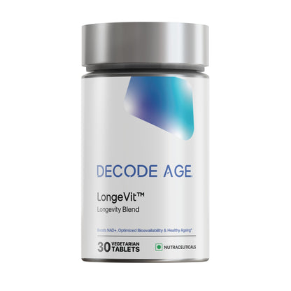 Decode Age LongeVit Supplement, contains NMN, hyaluronic acid, CoQ10 and other ingredients for Graceful Ageing, Boosts NAD+, Energy Levels, Endurance, Overall Health, Recovery, 30 Veg Tablets
