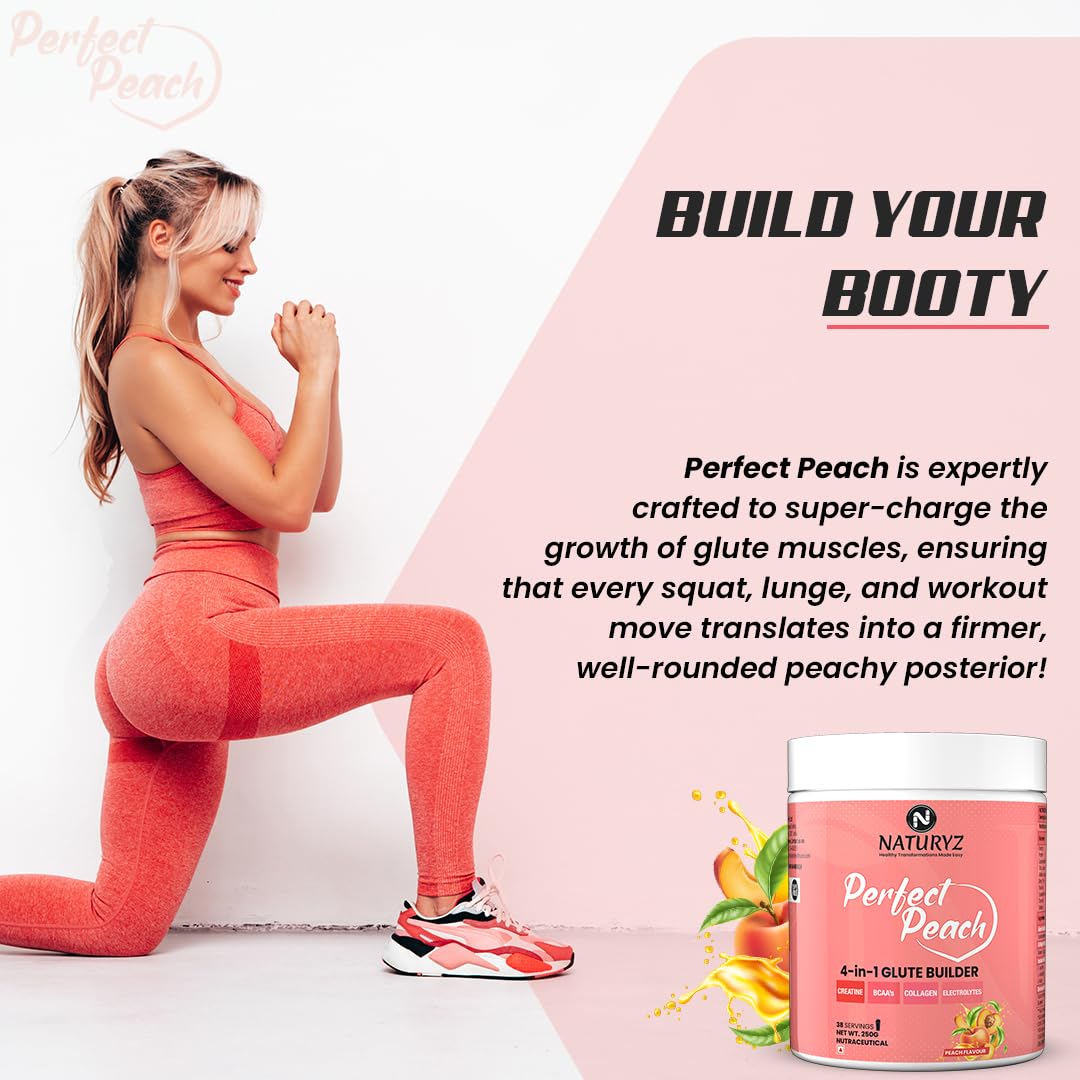 NATURYZ Perfect Peach 4-in-1 GLUTE BUILDER | Micronized Creatine Monohydrate for Women | Booty Gain Collagen | Vegan BCAA 2:1:1 | Electrolytes | Increase Lean Muscle Mass Gain – 250g (Peach Flavour)