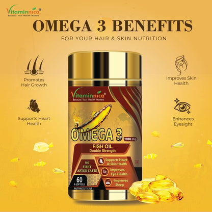 Vitaminnica Salmon Omega 3 Fish Oil Softgels Fatty Acids Great For Eyes, Skin, Heart, Joints & Brain Health || Double Strength (EPA & DHA) 60 Softgels for Men and Women (Pack of 1)