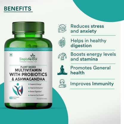 Simply Herbal Multivitamin With Probiotics & Ashwagandha Tablets Improves Immunity & Digestion, Supplement for Men And Women, Boost Energy, Supports Bone & Skin Health, Stress Relief - 60 Veg Tablets