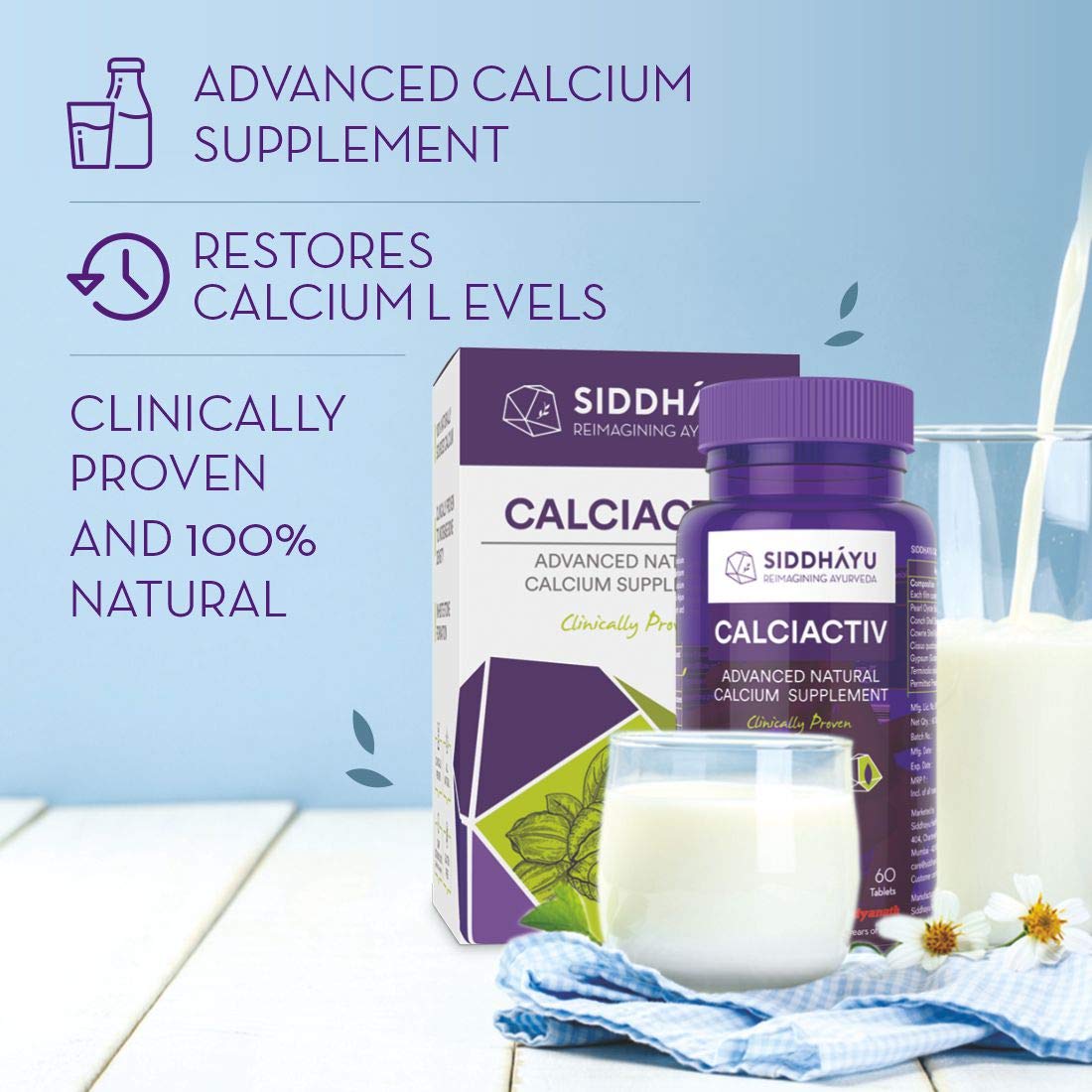 Siddhayu Calciactiv | Natural Calcium Supplement For Women | Ayurvedic Calcium Tablets For Men | For Bone Health | Joint Health I 60 Tablets X 1