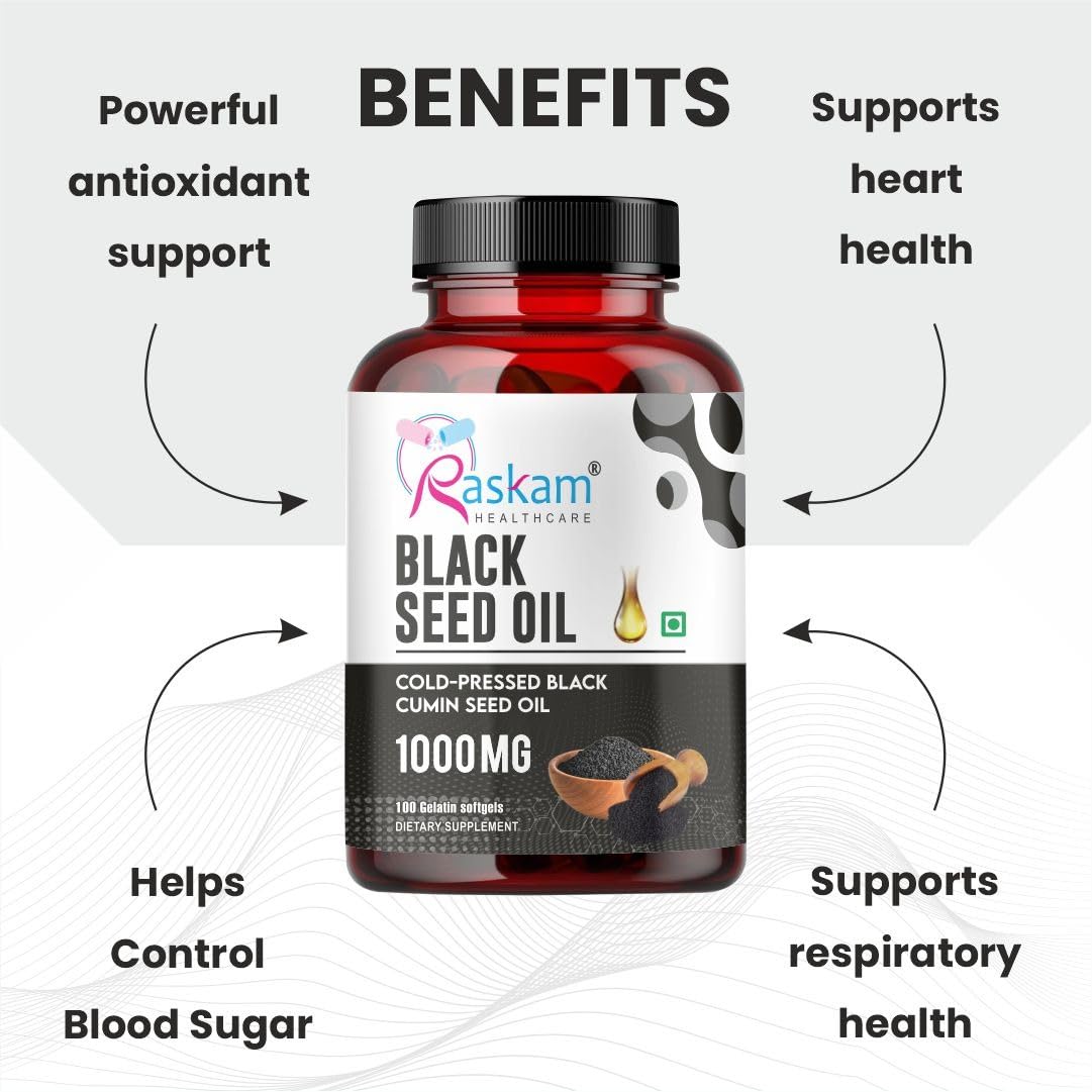 Pure Organic Cold-Pressed Black Seed Oil Softgels - Non-GMO Pure Nigella Sativa Black Cumin Seed Oil for Beauty Immunity & Overall Wellness Support - Thymoquinone-Rich 1000mg Serving 100 softgels