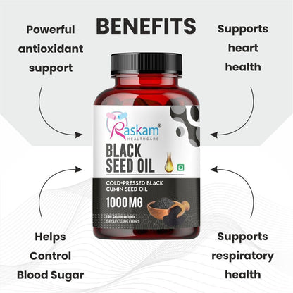 Pure Organic Cold-Pressed Black Seed Oil Softgels - Non-GMO Pure Nigella Sativa Black Cumin Seed Oil for Beauty Immunity & Overall Wellness Support - Thymoquinone-Rich 1000mg Serving 100 softgels
