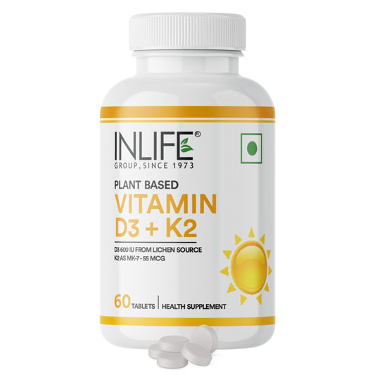 INLIFE Vitamin D3 600 IU K2 MK7 55 mcg, Lichen Sourced Plant Based, Stronger Bones Immunity & Calcium Absorption, 60 Tablets