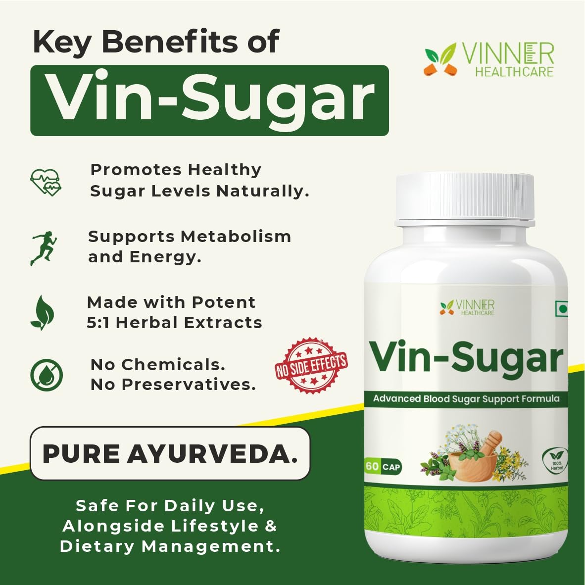 Vinner Healthcare Vin-Sugar Advanced Blood Sugar Support Formula, 60 Capsules, Ayurvedic Herbal Supplement (For both Men and Women)