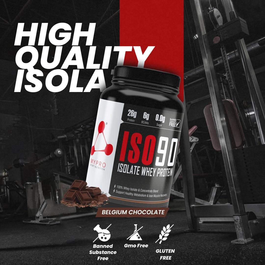 Mypro Sport Nutrition Super Advanced Whey Protein Isolate Powder (27g Protein,6g BCAA, Sugar Free, Fat Free per serving 30gms, Total Serving - 33 Scoops) Belgium Chocolate Flavor - 1000 Gm/2. 2Lbs