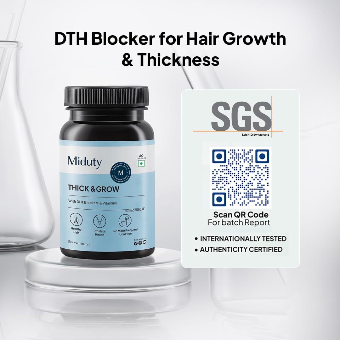 Miduty Thick & Grow Biotin Hair Supplement with DHT Blockers, Amino Acids, Vitamins & Minerals for Glowing Skin, Strong Hair & Nail- for Men & Women - 60 Veg Capsules